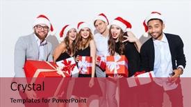  Presentation with santa - Colorful PPT theme enhanced with youth christmas - group of happy young people backdrop and a red colored foreground