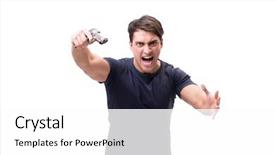  Presentation with charging gun man hands charging - Presentation theme featuring youth crime - aggressive young man with gun background and a white colored foreground