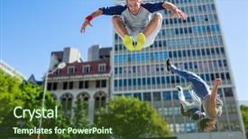 Presentation with friends - Slides with youth culture - happy friends doing parkour background and a tawny brown colored foreground