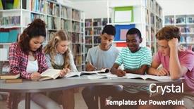  Presentation with classmates - Colorful slide set enhanced with youth development - attentive classmates studying in library backdrop and a tawny brown colored foreground