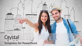  Presentation with map - Beautiful presentation theme featuring youth doodle - happy hipster couple looking backdrop and a  colored foreground