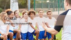  Presentation with football coach - Cool new presentation theme with youth football team training backdrop and a coral colored foreground