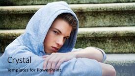  Presentation with man looking up happy - Slide deck having youth future - cool-looking young man in front background and a light blue colored foreground