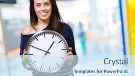  Presentation with clock - Presentation theme having youth future - young girl showing clock indoor background and a sky blue colored foreground
