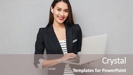  Presentation with youth - Presentation theme consisting of youth gadgets - happy asian business woman holding background and a gray colored foreground