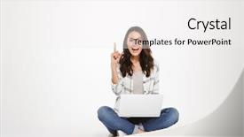  Presentation with idea - Amazing presentation theme having youth gadgets - happy brunette woman in shirt backdrop and a white colored foreground