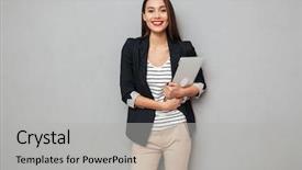  Presentation with asian - Presentation design featuring youth gadgets - pleased asian business woman holding background and a light gray colored foreground
