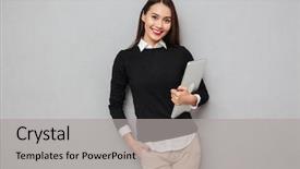  Presentation with young business woman smile show - Audience pleasing PPT theme consisting of youth gadgets - smiling asian woman in business backdrop and a light gray colored foreground