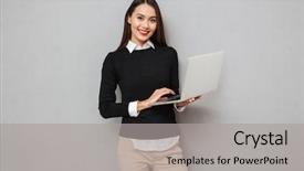  Presentation with clothes - Slide set featuring youth gadgets - smiling asian woman in business background and a light gray colored foreground