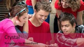  Presentation with internet surfing - Cool new slide deck with youth gadgets - smiling teenagers surfing the internet backdrop and a  colored foreground