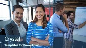  Presentation with nuclear arms - Colorful theme enhanced with youth leadership - portrait of businesswomen standing backdrop and a ocean colored foreground