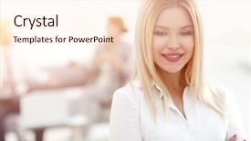  Presentation with young business woman smile show - PPT layouts with youth leadership - portrait of young business woman background and a lemonade colored foreground