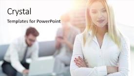  Presentation with young business woman smile show - Slide deck with youth leadership - portrait of young business woman background and a sky blue colored foreground