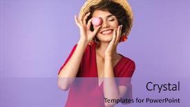  Presentation with cheerful - Slides having die frau mit dem lila hut - cheerful pretty brunette woman background and a light blue colored foreground