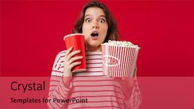  Presentation with movie popcorn - Beautiful PPT layouts featuring youth movie - portrait of a surprised woman backdrop and a red colored foreground