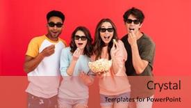  Presentation with group - PPT layouts enhanced with youth movie - portrait of a young happy background and a coral colored foreground