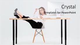  Presentation with laptop - PPT theme with youth red cross - smiling young businesswoman using laptop background and a white colored foreground