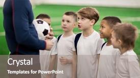  Presentation with footballers - Colorful PPT theme enhanced with youth soccer - one of youthful footballers backdrop and a gray colored foreground