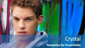  Presentation with man looking up happy - Slide deck enhanced with youth unemployment - cool-looking young man in front background and a  colored foreground