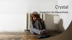  Presentation with unhappy - Beautiful presentation theme featuring youth unemployment - unhappy woman sitting on floor backdrop and a light gray colored foreground