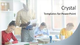  Presentation with youthful - Audience pleasing presentation theme consisting of youthful diligent schoolgirl writing down backdrop and a white colored foreground