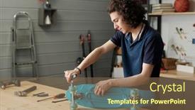  Presentation with youthful - Slide set consisting of youthful-guy-with-handtool-fitting background and a violet colored foreground