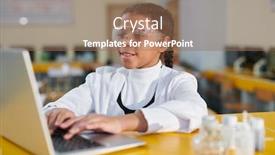  Presentation with youthful - Amazing slide set having youthful schoolgirl in protective eyeglasses and whitecoat sitting by desk in front of laptop at lesson backdrop and a coral colored foreground