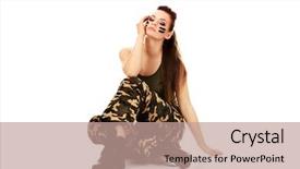  Presentation with black women beautiful woman - Beautiful PPT theme featuring ypung beautiful soldier woman sitting backdrop and a  colored foreground