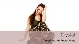  Presentation with floor - Presentation design enhanced with ypung beautiful soldier woman sitting background and a coral colored foreground