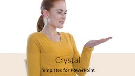  Presentation with product - Cool new PPT theme with ypung businesswoman holding imaginary product while sitting on chair against white background backdrop and a yellow colored foreground