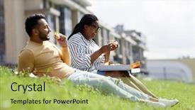  Presentation with green lawn - Slide set consisting of yummy - two young intercultural colleagues sitting background and a yellow colored foreground