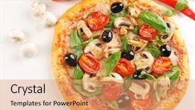  Presentation with pizza - Audience pleasing theme consisting of yummy food - delicious tasty pizza with vegetables backdrop and a  colored foreground