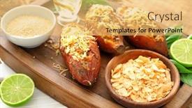  Presentation with sweet potato - Presentation design having yummy stuffed sweet potato on wooden board background and a yellow colored foreground