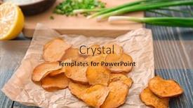  Presentation with sweet potato chips - Slides with yummy sweet potato chips on wooden table background and a coral colored foreground