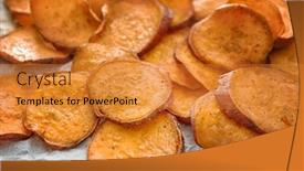  Presentation with sweet potato chips - Slide deck consisting of yummy sweet potato chips on kitchen table closeup background and a gold colored foreground
