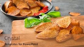  Presentation with sweet potato chips - Cool new slides with yummy sweet potato chips on wooden board closeup backdrop and a coral colored foreground