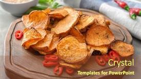  Presentation with sweet potato chips - PPT theme with yummy sweet potato chips on wooden board background and a tawny brown colored foreground