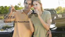  Presentation with jeep - Presentation theme having yung couple standing against jeep with binoculars background and a coral colored foreground
