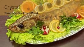  Presentation with fruits - Slides enhanced with zander-fish-baked-with-greens background and a gold colored foreground