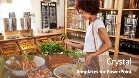  Presentation with grocery store - PPT theme featuring zero one - woman buying fresh fruit background and a coral colored foreground