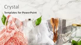  Presentation with waste glass - Slide set with zero waste eco friendly concept reusable cotton bag stainless steel drinking staw glass jar wooden cutlery background and a white colored foreground