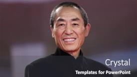  Presentation with red carpet - Audience pleasing PPT layouts consisting of zhang-yimou-walks-the-red backdrop and a dark gray colored foreground