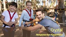  Presentation with pediatric kids cartoon - Audience pleasing PPT theme consisting of zip lining - instructor wearing harness to kids backdrop and a  colored foreground