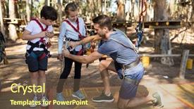  Presentation with dance for kids - Slide deck featuring zip lining - instructor wearing harness to kids background and a tawny brown colored foreground