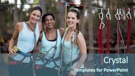  Presentation with portrait of excited overjoyed female - Slides with zip lining - portrait of happy female friends background and a  colored foreground