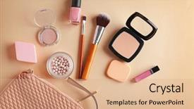  Presentation with cosmetic - PPT theme with zipper - cosmetic bag and makeup products background and a coral colored foreground