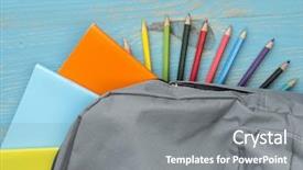  Presentation with school house liability risks - Presentation theme enhanced with zipper - school backpack on wooden background background and a gray colored foreground