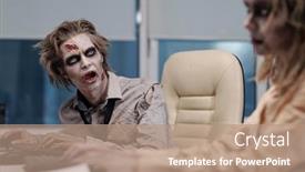  Presentation with zombie - PPT theme having zombie-businessman-with-greasepaint background and a coral colored foreground