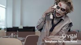  Presentation with ear - Amazing PPT layouts having zombie-businessman-with-phone-receiver backdrop and a gray colored foreground