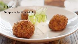  Presentation with white plate - Audience pleasing PPT theme consisting of zucchini-croquettes-close-up backdrop and a soft green colored foreground